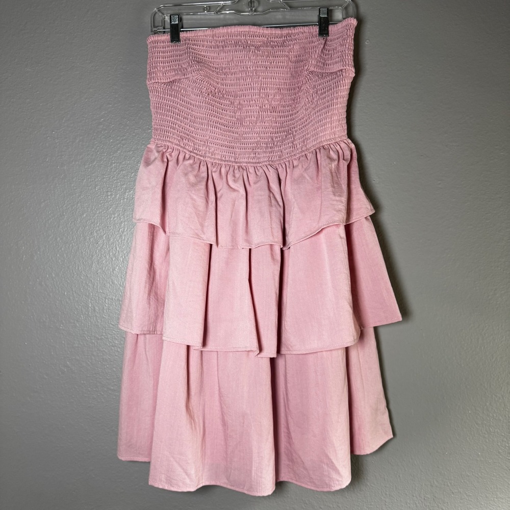 BTFBM Pink Strapless Smocked Tiered Ruffle Mini Dress Size M NWT 8366